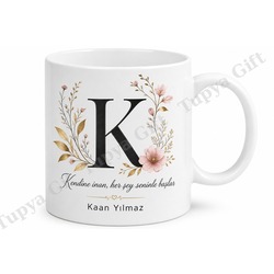K Harfi Baskılı Kişiye Özel Kupa Bardak Harf Desenli Hediye