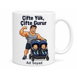 İkiz Bebek Arabası Süren Kaslı Babaya Çifte Yük Kupası Hediye Bardak