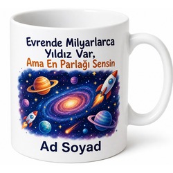 Çocuğa Hediye İsimli Uzay Temalı Özel Baskılı Porselen Kupa Bardak