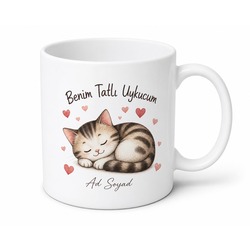 Benim Tatlı Uykucum Uyuyan Kedi Kalp Çizimli Sevgiliye Hediye Porselen Kupa Bardak