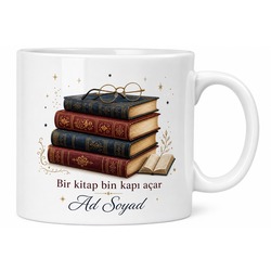 Kitap ve Gözlük Temalı Baskılı Kupa Bardak Hediye Kitapsever Porselen Mug