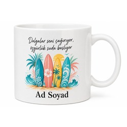 İsimli Sörf Tahtası Desenli Baskılı Kupa Bardak Sörfçüye Hediye