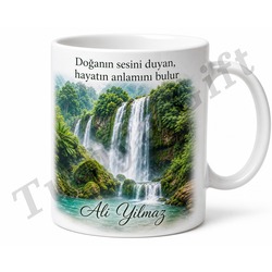 Şelale Temalı Doğa Sever Baskılı Kupa Bardak Doğa Hediye Porselen Mug