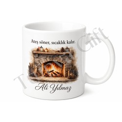 Şömine Temalı Kış Akşamı Baskılı Kupa Bardak Hediye Porselen Mug