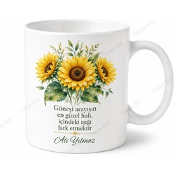 Ayçiçeği Temalı Baskılı Kupa Bardak Hediye Porselen Ayçiçeği Desenli Mug