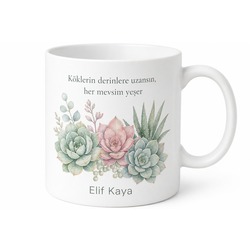 Sukulent Temalı Baskılı Kupa Bardak Hediye Özel Tasarım Porselen Mug