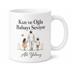 Kızı ve Oğlu Babayı Seviyor Yazılı Kupa Bardak Babalar Günü Hediye