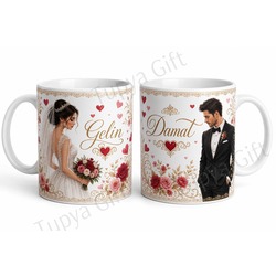 Gelin Damat Kupa Bardak Seti Kişiye Özel Baskılı Hediye Nişan Düğün