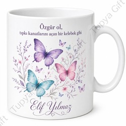 Kelebek Desenli Baskılı Kupa Bardak Hediye Özel Tasarım Porselen Mug