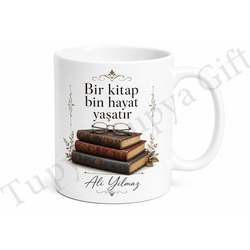 Kitap Kurdu Temalı Baskılı Kupa Bardak Hediye Kitap Okuyucuya Özel Tasarım