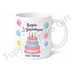Neşeli Tasarımlı 3 Yaş Doğum Günü Hediyesi Çocuk Kupa Bardak Çay Kupası