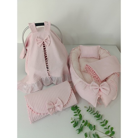 60) YENİDOĞAN 4 LÜ  SETİ PEMBE KAHVE NOKTALI DESENLİ