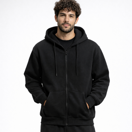 3 iplik Şardonlu Basic Siyah Fermuarlı Sweatshirt