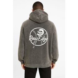 Oversize 3 İplik Asit Yıkamalı Hoodie – Raw Edge Skull Print