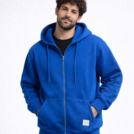 3 iplik Şardonlu Basic Mavi Fermuarlı Sweatshirt