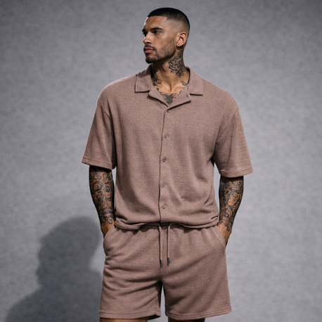 Jakar Dokulu Oversize Açık Kahve Gömlek & Şort Takım
