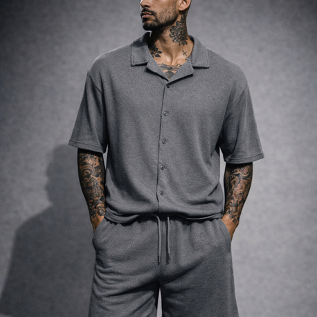 Jakar Dokulu Oversize Gri Gömlek & Şort Takım