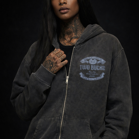 TwoBucks Asid Yıkama Oversize Siyah Fermuarlı Hoodie