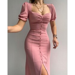 Katy Önü Düğmeli Midi Pembe Elbise