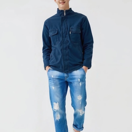 Vintage Lacivert Fermuarlı Kalın Denim Mont