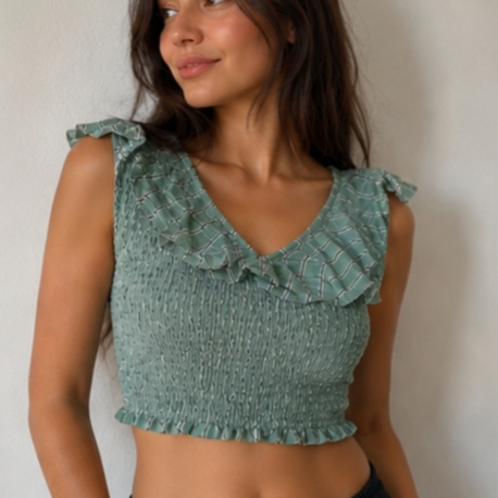 Yeşil Fırfırlı Crop Bluz