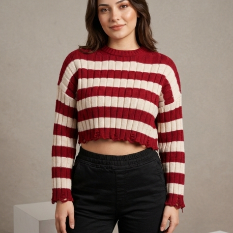 Çizgili Kadın Crop Kazak