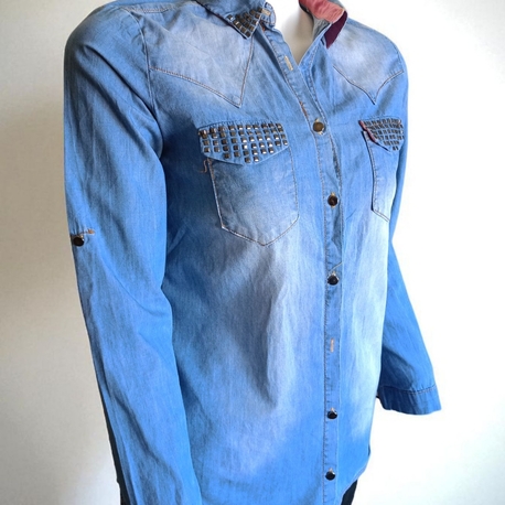 Taşlı Kot Denim Kadın Gömlek