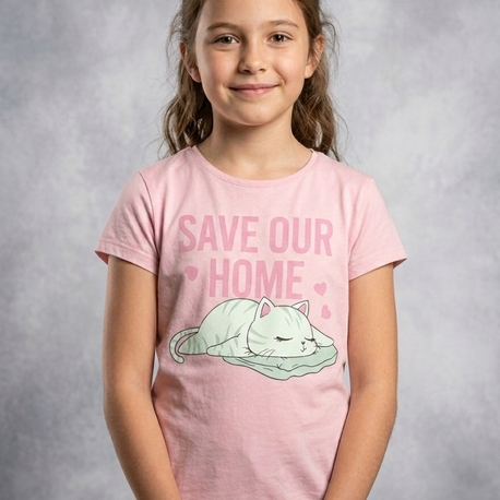 Pembe Renk Kedi Baskılı T-shirt