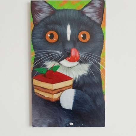 Pasta Yiyen Ahşap Sevimli Kedi Tablosu