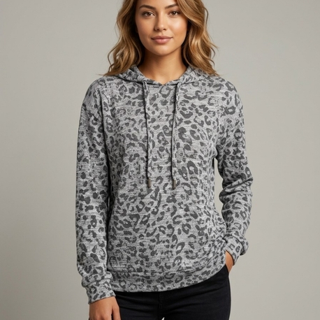 Gri Leopar Desenli Kapüşonlu Sweatshirt