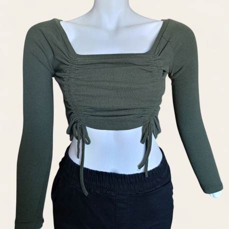 Haki Yeşil Yanları Büzgülü Crop