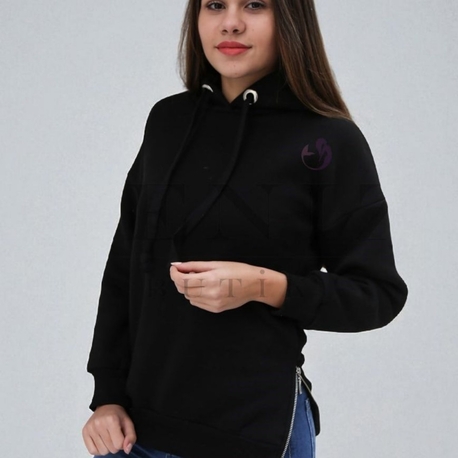 Yan Fermuarlı Siyah Kapüşonlu Sweatshirt