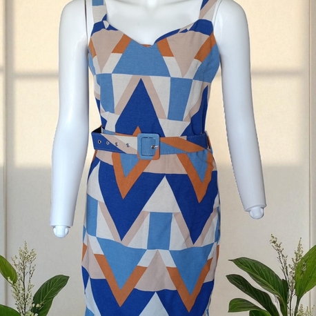 Geometrik Desenli Kemerli Mini Elbise