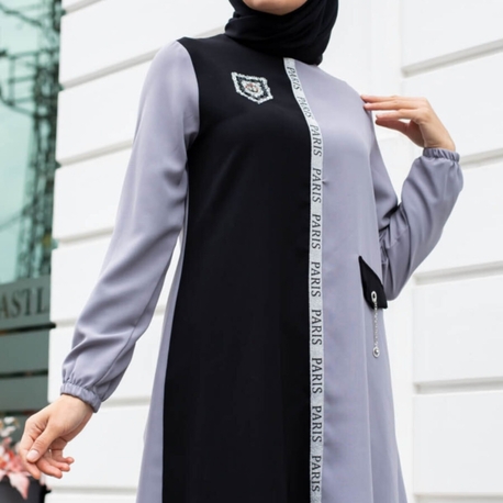 Yazı Detaylı Gri- Siyah Tunik