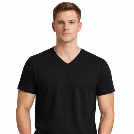 Siyah V Yaka Tişört Erkek %100 Pamuk | Slim Fit Basic T-Shirt