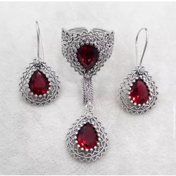 kırmızı zirkon taşlı gümüş set