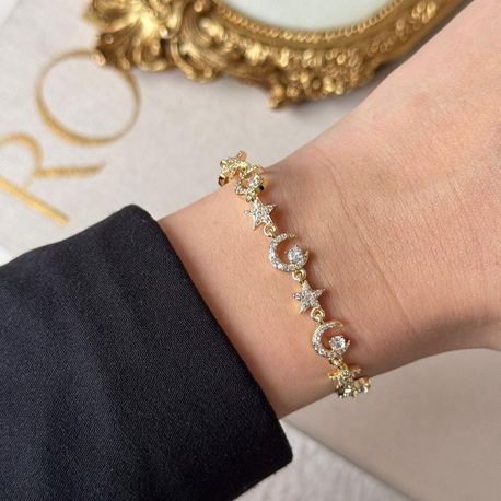 14K Altın Kaplama Zirkon Taşlı Ay Yıldız Gold Bileklik ⭐