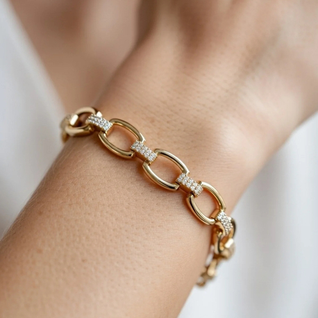 14K Altın Kaplama Zirkon Taş Detaylı Oval Zincir Gold Bileklik