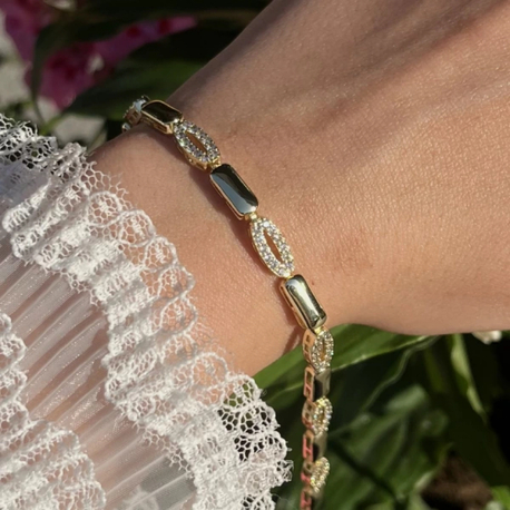 14K Altın Kaplama Zirkon Taşlı Geometrik Gold Bileklik