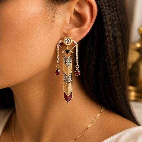 14K Altın Kaplama Çelik Art Deco Bordo Taşlı Uzun Küpe