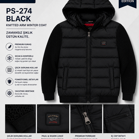 PAUL & SHARK Black Çelik Dokuma Kollu Kışlık Mont