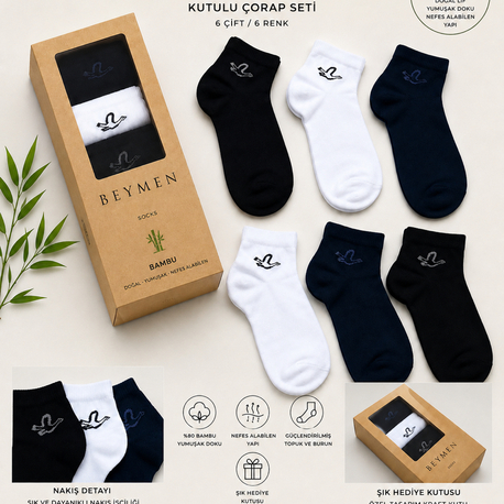 BYMEN Bambu Kutulu Çorap Seti (6 Çift / 6 Renk)