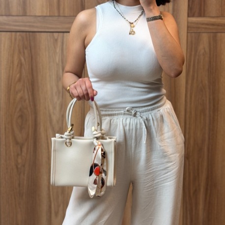 Vena Düğüm Sap Detaylı Fularlı El ve Omuz Çantası - KREM
