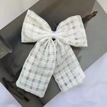 Desenli Kumaş Büyük Fiyonk Saç Tokası – Klipsli Model - BEYAZ