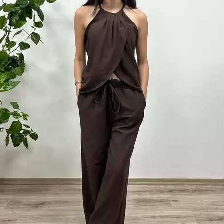 Keten Dokulu Bluz Pantolon Takım - KAHVERENGİ