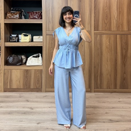 Bel Lastik Detay Çilek Bluz Pantolon Takımı - MAVİ