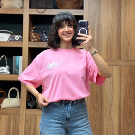 Bisiklet Yaka Oversize Baskılı Tişört- Pembe