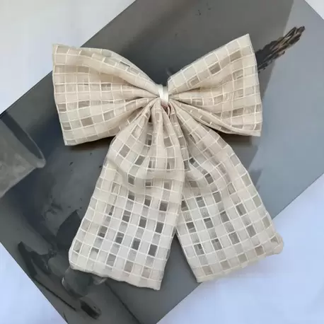 Desenli Kumaş Büyük Fiyonk Saç Tokası – Klipsli Model - EKRU