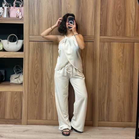 Keten Dokulu Bluz Pantolon Takım - NATUREL