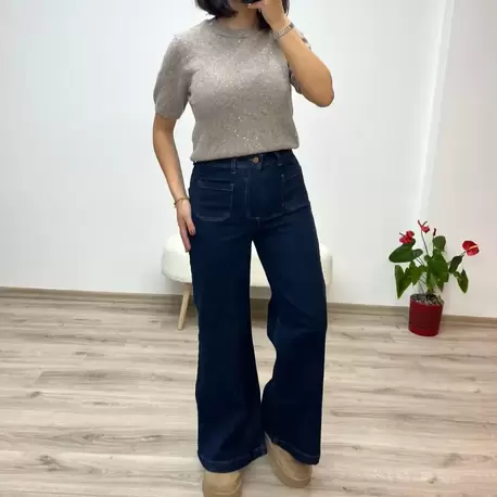 Bol Paça Yüksek Bel Denim Pantolon - KOYU MAVİ